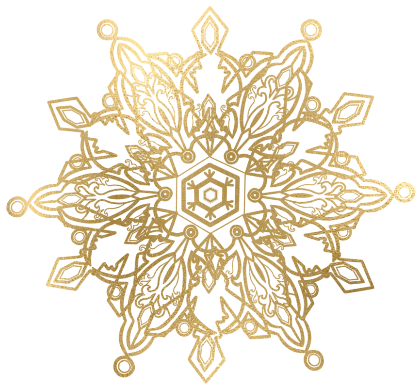 golden snowflake ornament featuring intricate mandala leaf and hexagon design in metallic gold, Grey Barn Handwerk, Saskatchewan.